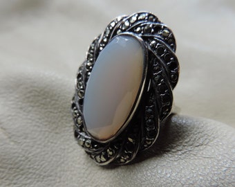 antique ring sterling silver marcasite ring art deco ring faux chalcedony ring made in germany sterling silver ring chalcedony sterling ring