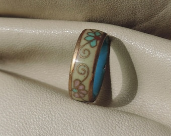 antik ring stapelring kinesisk export beige ring cloisonnéring blommig stapelring antik kinesisk mässings cloisonnéring stapelring