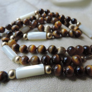 vintage necklace tigers eye mother of pearl necklace hand knotted vintage gemstone necklace tigers ye mother of pearl beaded necklace
