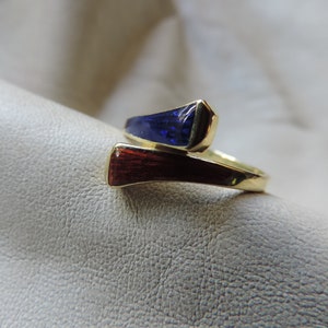 vintage 18k gold enamel ring vintage gucci ring enamel 18k gold ring vintage designer ring 18k gold blue red enamel bypass ring