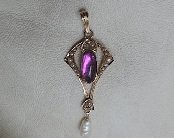antique pendant antique 10k pearl pendant art nouveau pendant 10k gold seed pearls fuchsia cabochon art deco pendant pretty drop pendant
