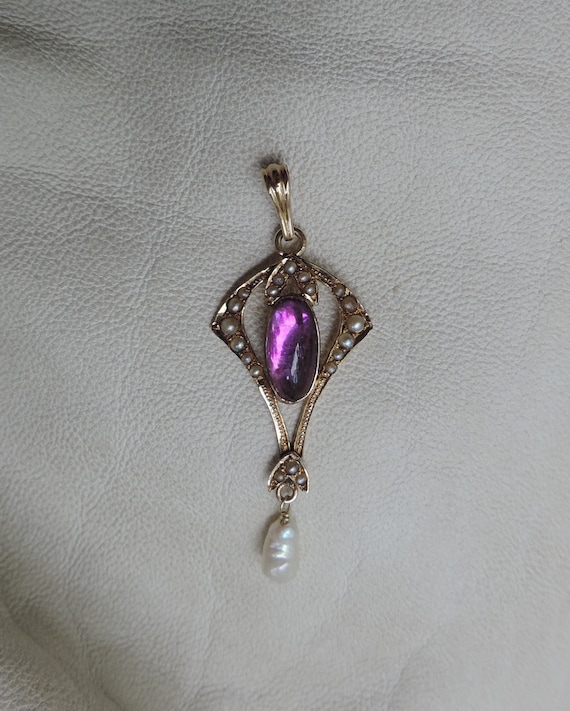 antique pendant antique 10k pearl pendant art nouveau pendant 10k gold seed pearls fuchsia cabochon art deco pendant pretty drop pendant