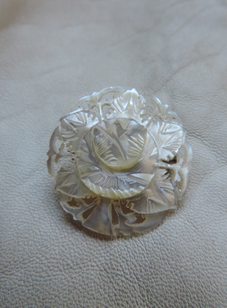 antique carved shell pin carved mother of pearl flower pin antique hand carved shell brooch mop shell brooch image 3