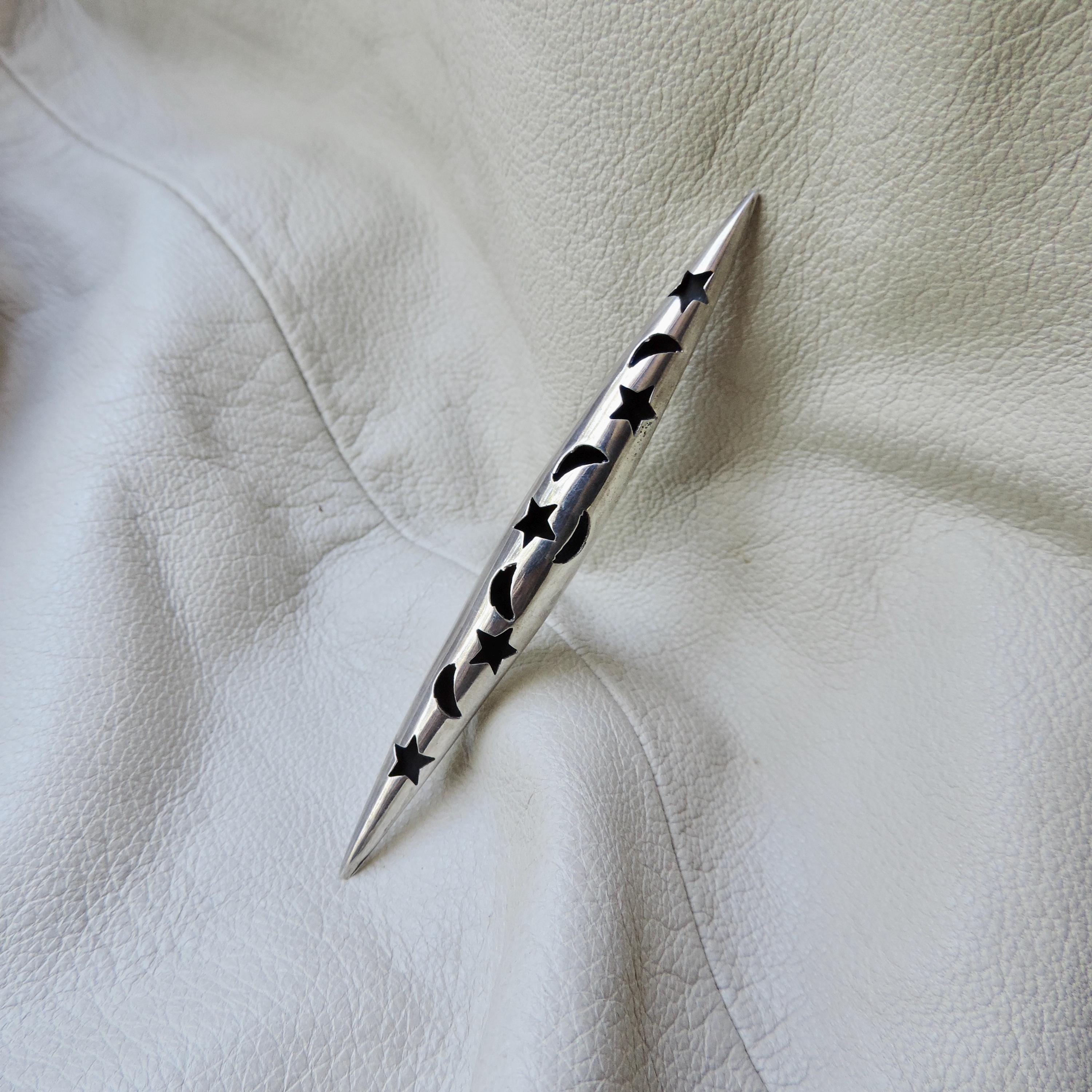 Vintage Sterling Silver Star Moon Pin Long Hollow Sterling