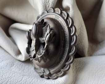 antiquee hand carved floral locket brooch bog oak mourning locket pin