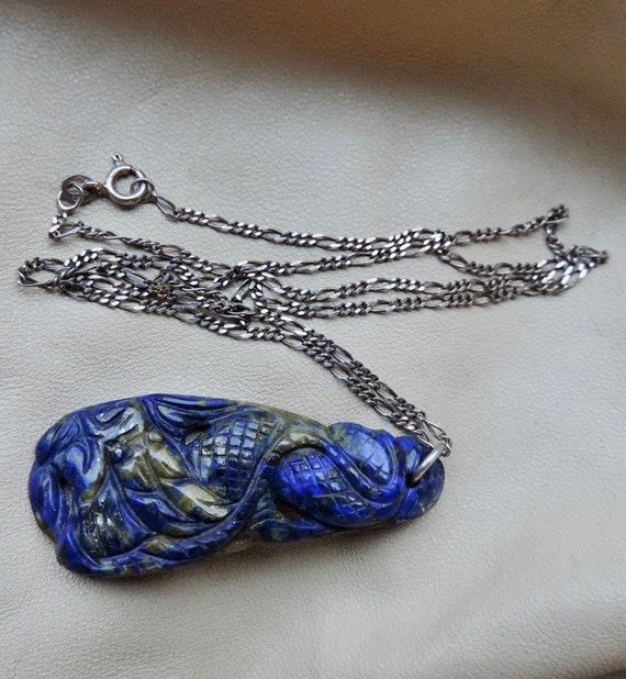 vintage pendant hand carved lapis lazuli dragon p… - image 6