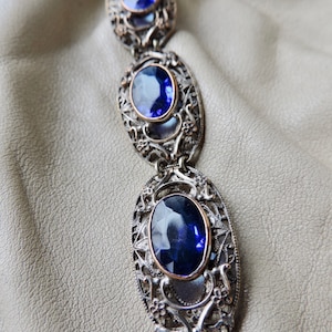 antique bracelet silver sapphire bracelet antique silver blue sapphire bracelet forget me not sapphire bracelet art deco panel bracelet