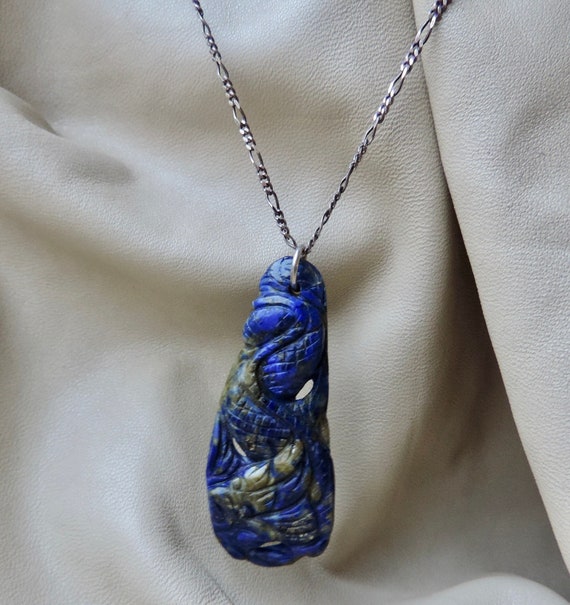 vintage pendant hand carved lapis lazuli dragon p… - image 1