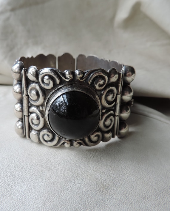 antique mexican bracelet sterling silver wide panel bracelet sterling panel bracelet mexico onyx bracelet