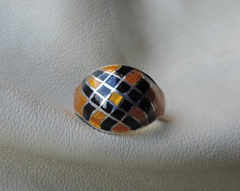 vintage ring sterling silver enamel ring sterling geometric ring gold black enamel ring sterling silver enamel ring geometric plaid ring