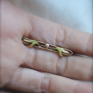 May include: A gold-toned brooch with a delicate design featuring two green and pink leaves on either side of a single pearl.