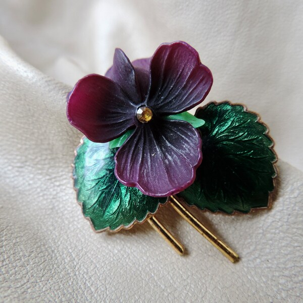 vintage pansy pin vintage flower pin purple pansy flower pin green enamel floral pin purple flower pin vintage deep purple flower brooch