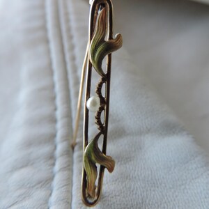May include: A gold-toned brooch with a delicate design featuring two stylized leaves and a single pearl. The leaves are enameled in shades of green and gold.