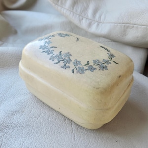 May include: A small, rectangular, cream-colored box with a floral design. The box has a raised lid and a floral pattern with blue flowers and green leaves.