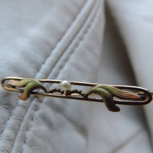 pretty 14k gold floral enamel pin antique enamel pin 14k gold enamel pin authentic pearl leaf art nouveau pin