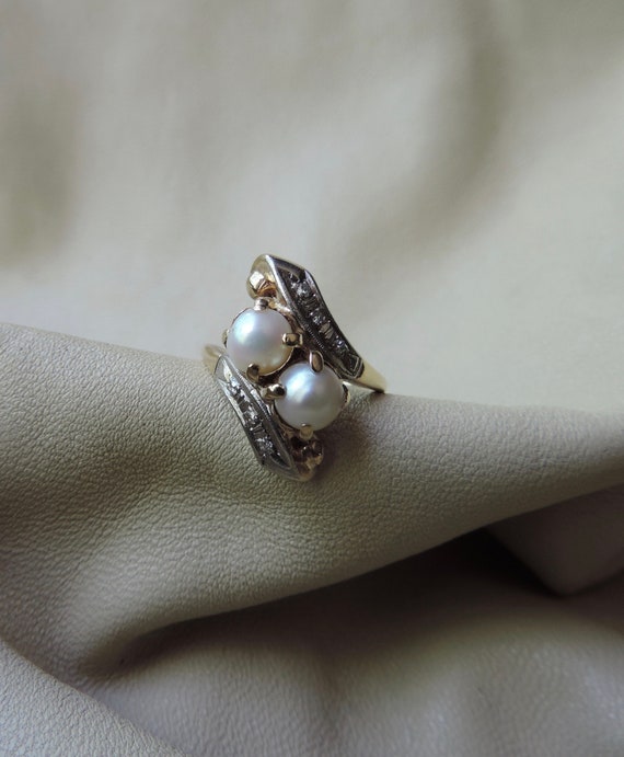 antique ring 10k gold ring double pearl diamond by