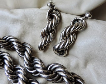 vintage silver parure huge twisted silver rope chain necklace large twisted silver earrings twisted silver rope chain necklace earrings set