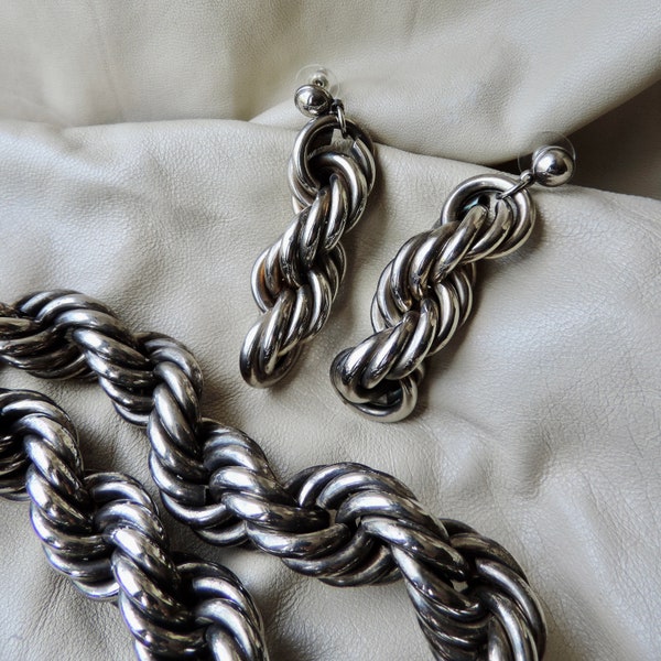 vintage silver parure huge twisted silver rope chain necklace large twisted silver earrings twisted silver rope chain necklace earrings set