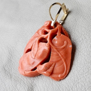 14k gold salmon coral pendant hand carved coral pendant botanical salmon coral pendant large vintage salmon coral 14k pendant