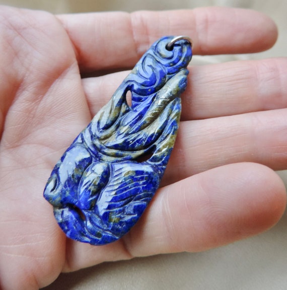 vintage pendant hand carved lapis lazuli dragon p… - image 10