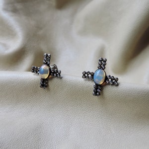 Ethiopian Opal Diamond Earrings: Sterling Silver Cross Studs