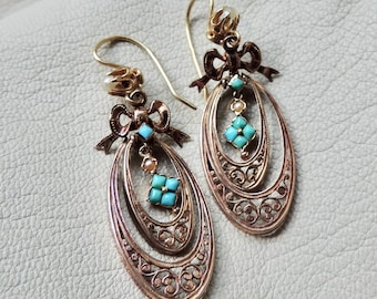 soft elaborate floral 18k gold earrings turquoise pearl 18k drop earrings fine handmade gold filigree turquoise cab pretty 18k earrings
