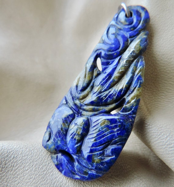 vintage pendant hand carved lapis lazuli dragon p… - image 5