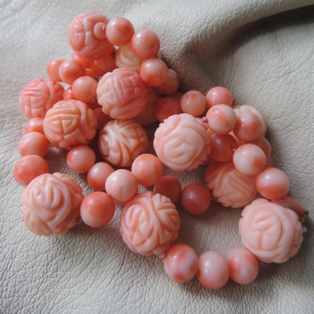 Vintage Carved Coral Necklace Shou Bead Coral Necklace Vintage Salmon