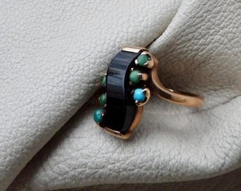 Anillo vintage de ónix y turquesa en oro de 10 quilates, hecho a mano, años 50, con piedra azul y negra.