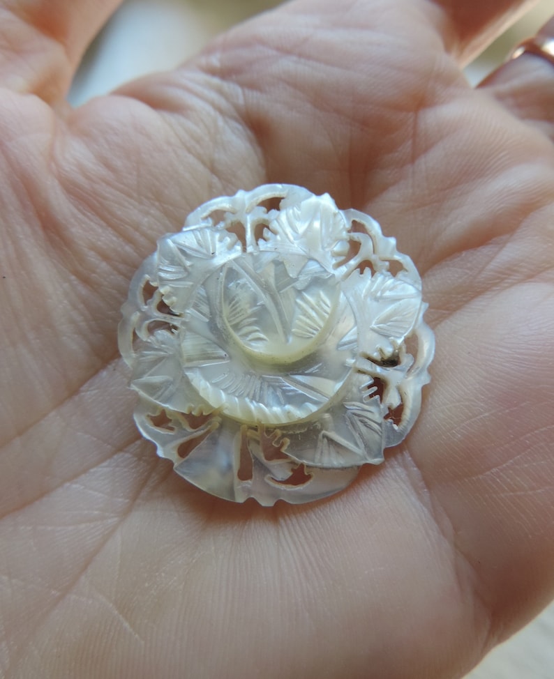 antique carved shell pin carved mother of pearl flower pin antique hand carved shell brooch mop shell brooch image 4