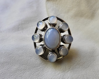 vintage sterlingzilveren handgemaakte maansteen chalcedoon ring