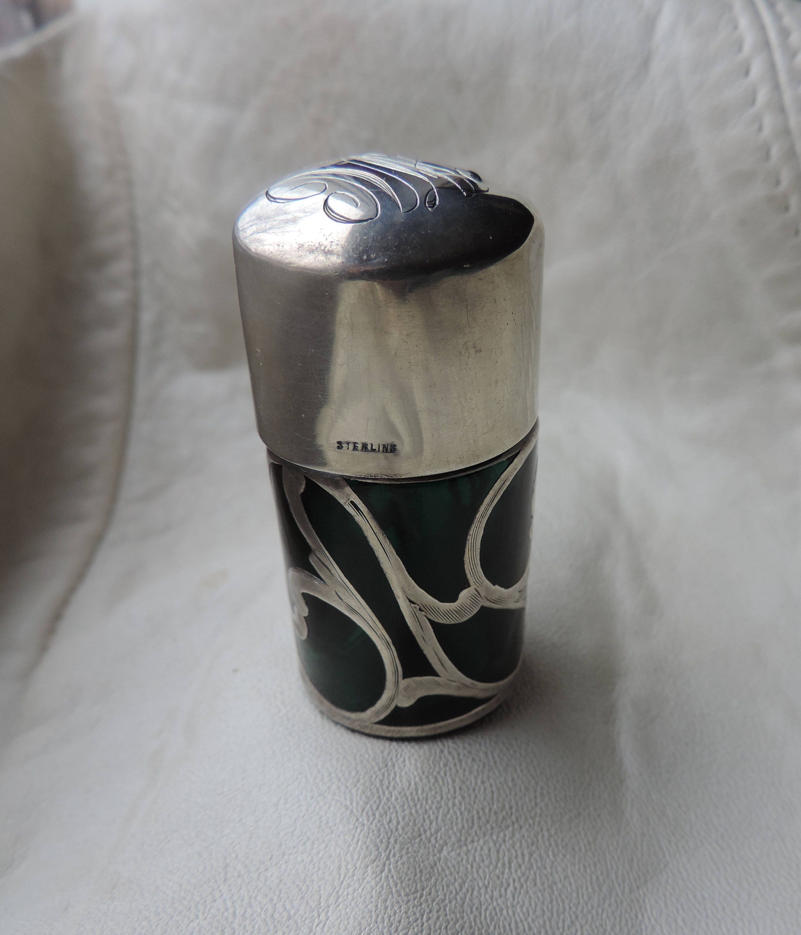 Sterling Overlay Green Glass Bottle Container Stopper Engraved Antique Toiletries