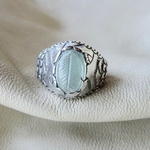 antique ring carved stone ring sterling silver ring antique blue stone 925 ring etched sterling ring carved leaf wide silver ring