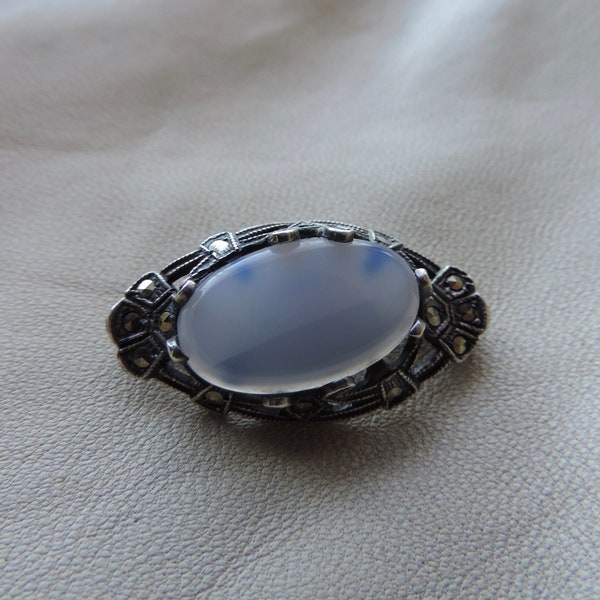 antique pin chalcedony pin antique sterling silver pin blue chalcedony pin marcasite sterling blue stone pin art deco pin