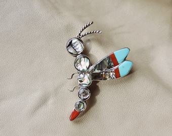 vintage sterling silver abalone turquoise coral dragonfly pin pendant signed zuni  hand made 925 native american pin pendant 925 bug pin