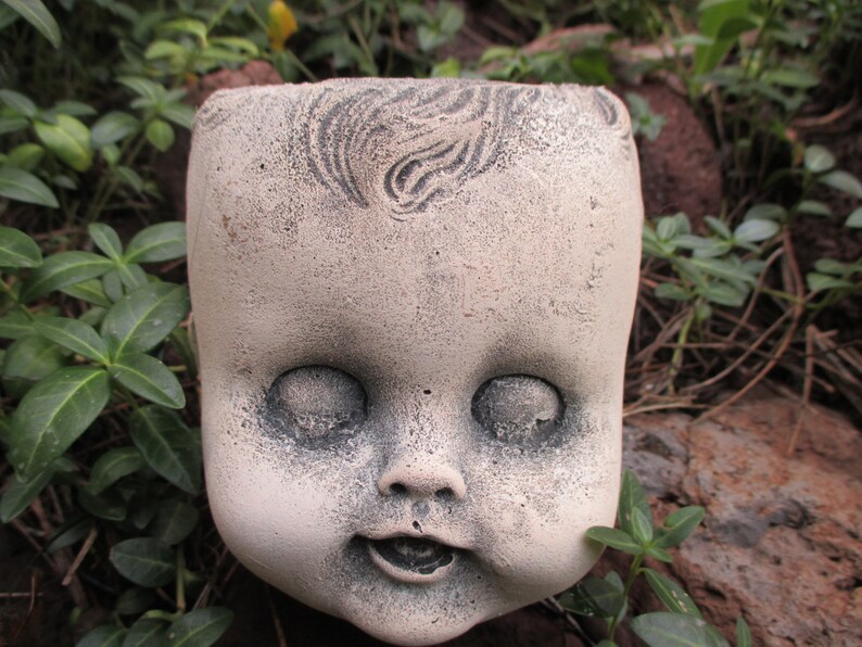 Creepy Doll Head Planter Concrete Garden Statue 4 1/2" tall