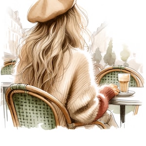 Mulheres em aquarela no café clipart, 10 mulheres bonitas JPG de alta qualidade, artesanato em papel, diário de lixo, cartão feito à mão, café francês, uso comercial