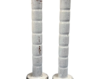 Vintage 9" Whitewash Industrial Textile Spool Candlesticks