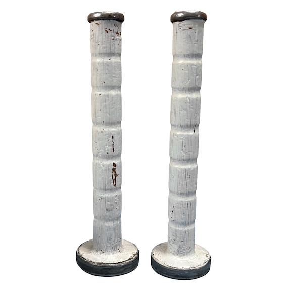 Vintage 9" Whitewash Industrial Textile Spool Candlesticks