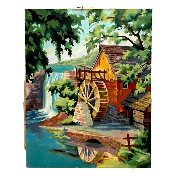 1951 Old Mill Stream Dan Robbins Paint-by-Number, Finished Oil Painting