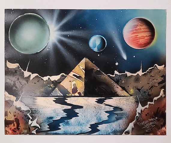 Vintage Spraypaint Pop Art Painting, Signed 20" x 15.75", Pyramids in Space