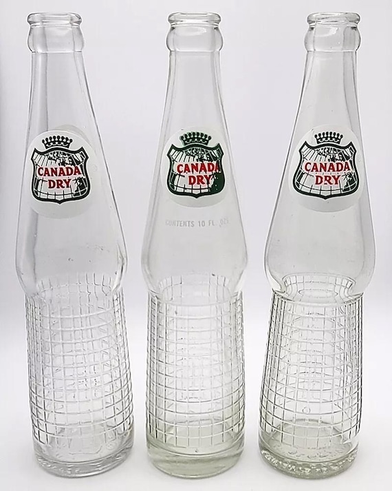 3 Vintage CANADA DRY Half Grid Embossed 10oz ACL Soda Bottles Clear Glass