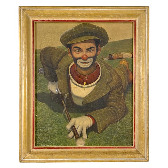 Framed Vintage GOLF SHARK Leslie Emery Clown Print, 12.5" x 15"