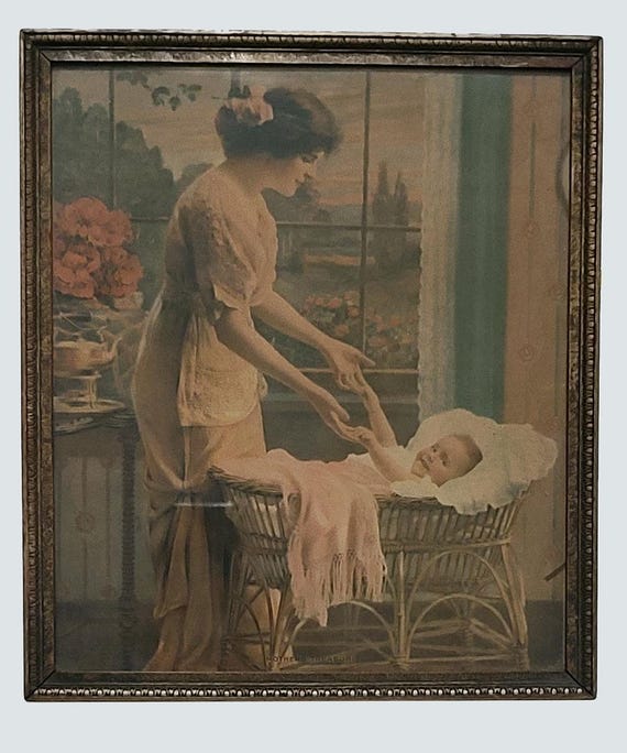 Rare Antique MOTHER'S TREASURE Tinted Photo Print, Infant Baby Wicker Bassinet