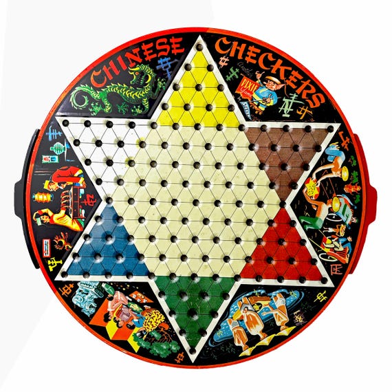 Mid-Century PIXIE Chinese Checkers Double-Sided Tin Litho Board with Drawers