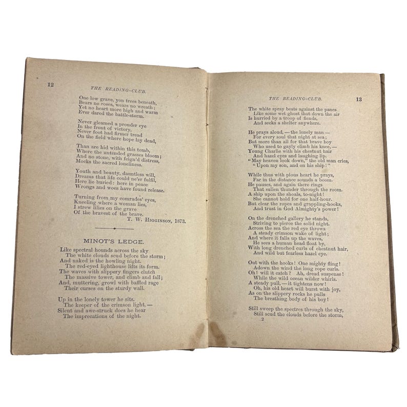 May include: Open book with aged, yellowed pages. Text is visible on both sides, with titles like "THE READING-CLUB" and "MINOT'S LEDGE." The pages are slightly curled, suggesting age and use. The book is open to display the text.