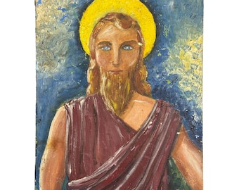 Shepherd Savior Saint Vintage Folk Art Religious Painting