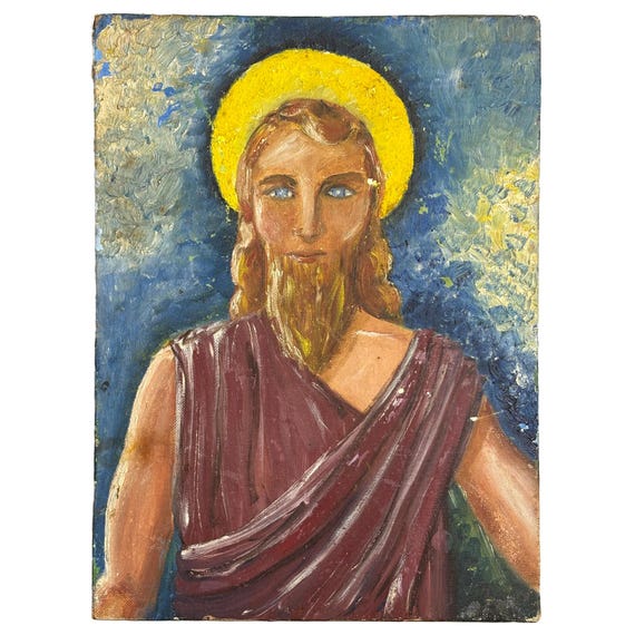 Shepherd Savior Saint Vintage Folk Art Religious Painting