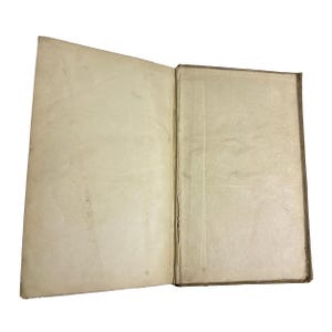 May include: An open antique book with aged, off-white pages. The book's spine is visible, and the pages show signs of wear and age. The cover is a dark brown color. The book is set against a white background.