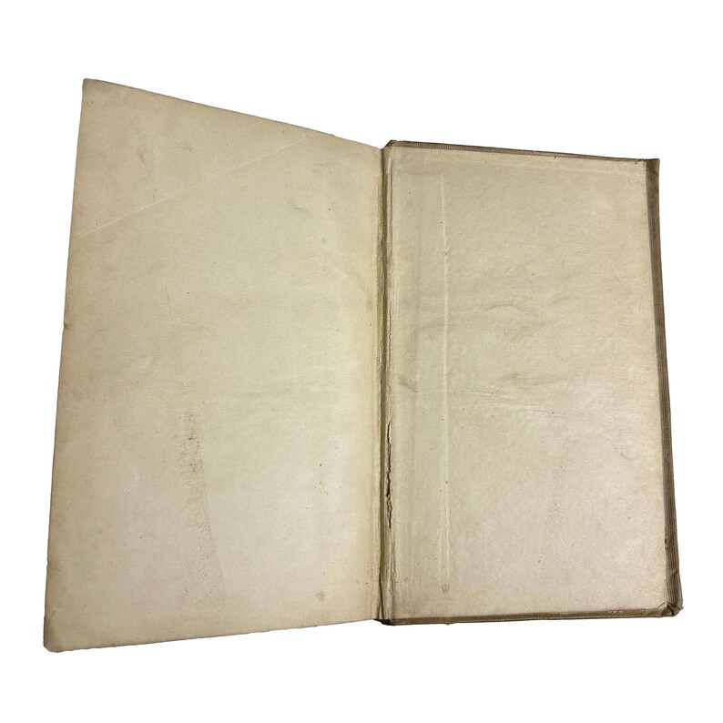 May include: An open antique book with aged, off-white pages. The book's spine is visible, and the pages show signs of wear and age. The cover is a dark brown color. The book is set against a white background.